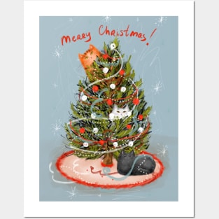 Merry Christmas greeting winter card with cute fluffy cats in red Santa hats and scarves. Posters and Art